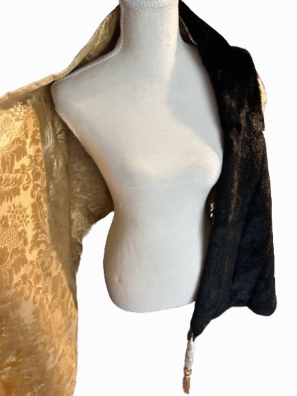 NWT Gold IMAN Faux Fur Brocade Beaded Tassel Scarf Wrap Shawl New Designer